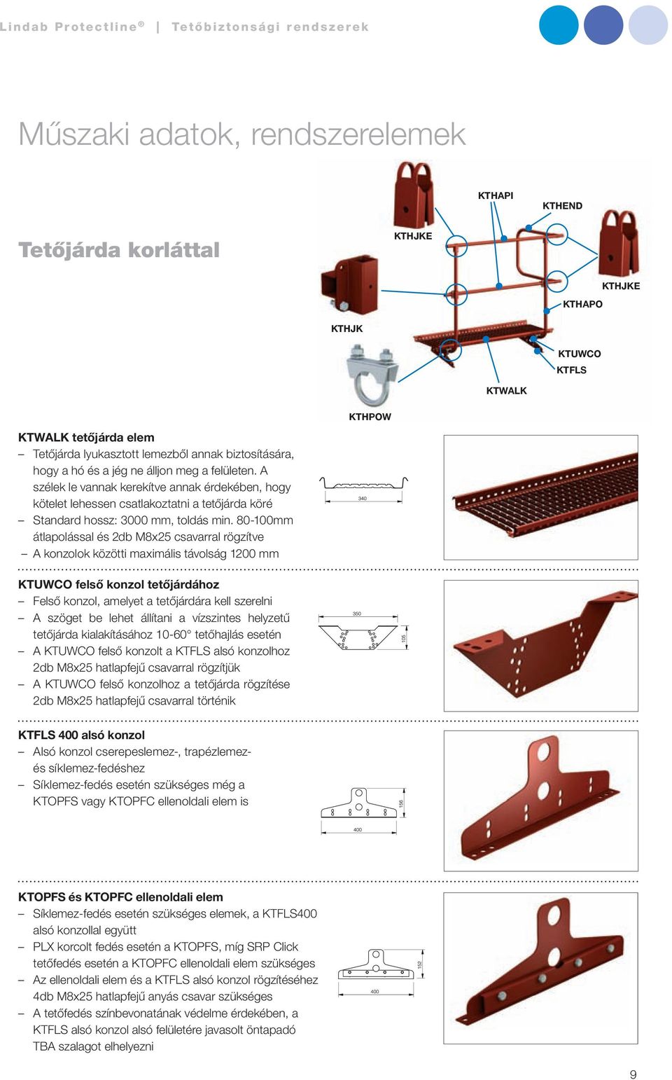 80-100mm átlapolással és 2db M8x25 csavarral rögzítve A konzolok közötti maximális távolság 1200 mm KTUWCO felső konzol tetőjárdához Felső konzol, amelyet a tetőjárdára kell szerelni A szöget be