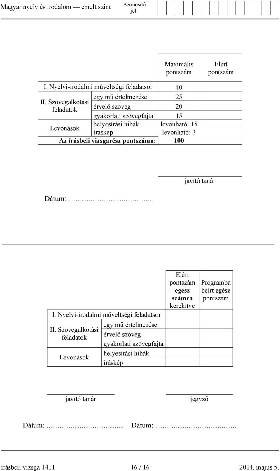 Az írásbeli vizsgarész pontszáma: 100 Dátum:... javító tanár I. Nyelvi-irodalmi műveltségi feladatsor II.