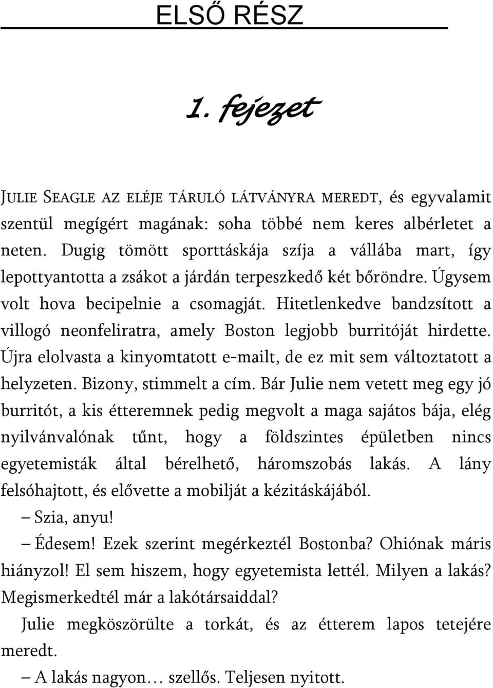 Hitetlenkedve bandzsított a villogó neonfeliratra, amely Boston legjobb burritóját hirdette. Újra elolvasta a kinyomtatott e-mailt, de ez mit sem változtatott a helyzeten. Bizony, stimmelt a cím.