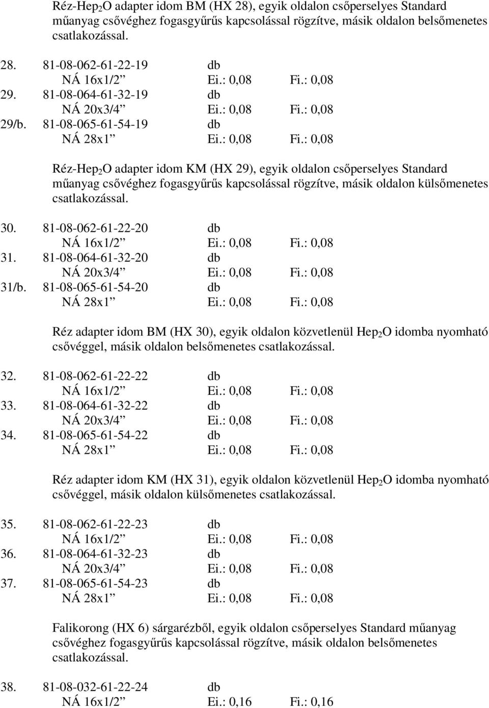 81-08-065-61-54-20 db Réz adapter idom BM (HX 30), egyik oldalon közvetlenül Hep 2 O idomba nyomható csővéggel, másik oldalon belsőmenetes 32. 81-08-062-61-22-22 db 33. 81-08-064-61-32-22 db 34.