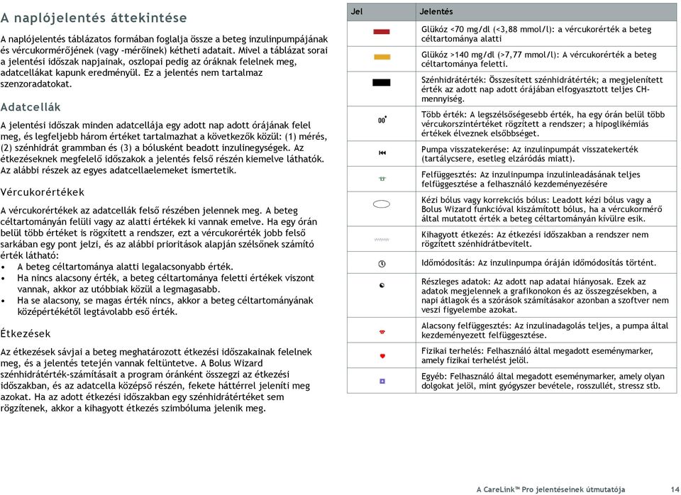 Adatcellák A jelentési időszak minden adatcellája egy adott nap adott órájának felel meg, és legfeljebb három értéket tartalmazhat a következők közül: (1) mérés, (2) szénhidrát grammban és (3) a