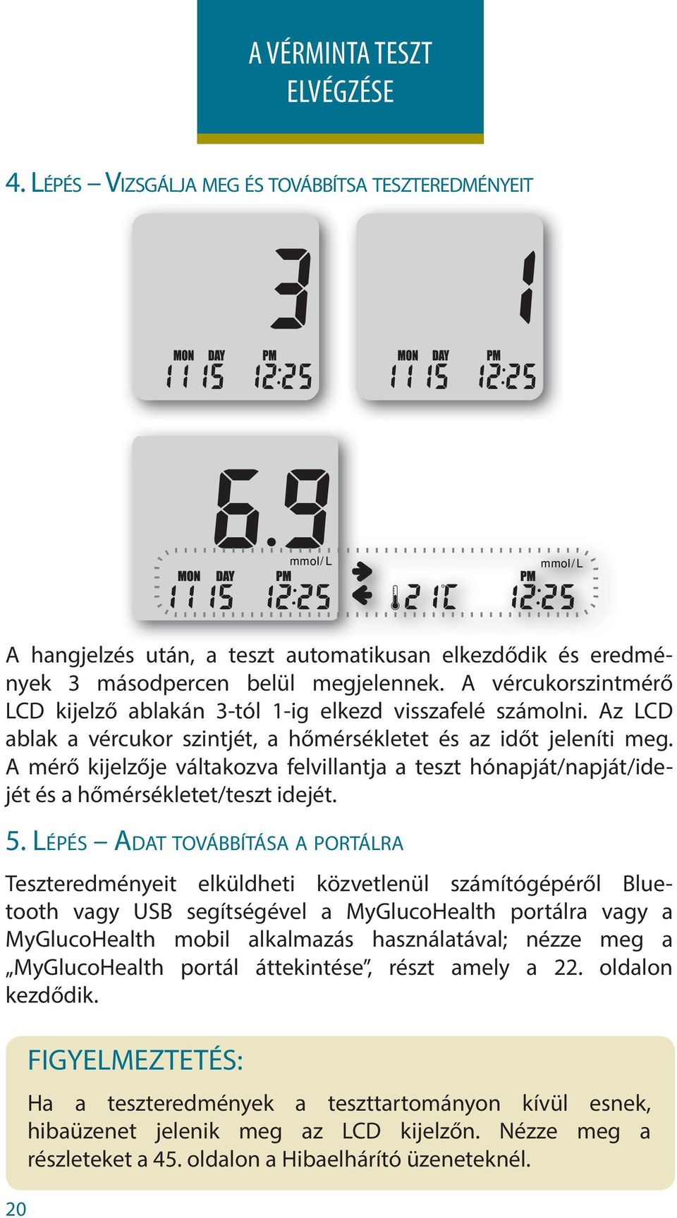 A mérő kijelzője váltakozva felvillantja a teszt hónapját/napját/idejét és a hőmérsékletet/teszt idejét. 5.