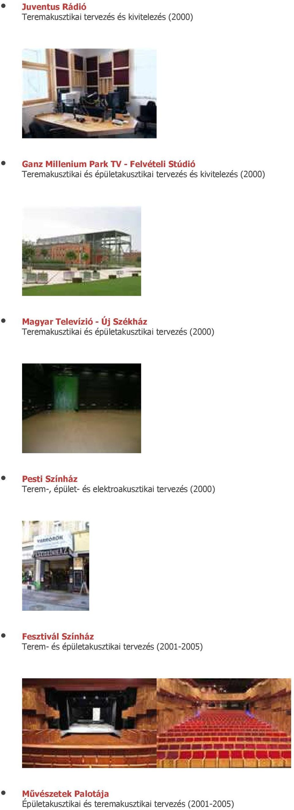 épületakusztikai tervezés (2000) Pesti Színház Terem-, épület- és elektroakusztikai tervezés (2000) Fesztivál