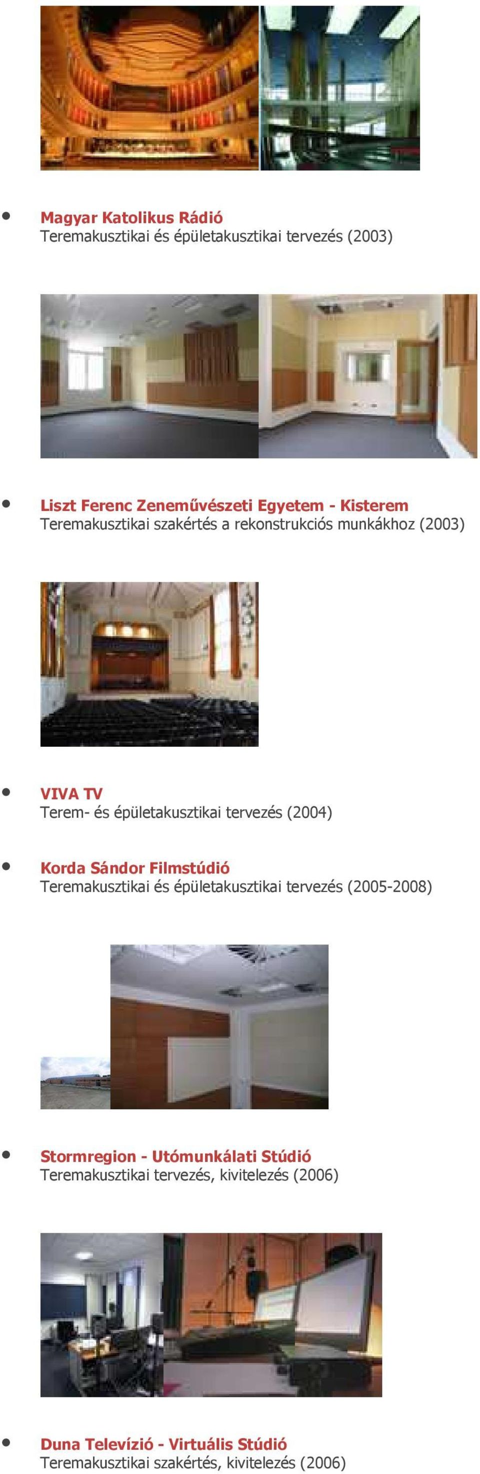 (2004) Korda Sándor Filmstúdió Teremakusztikai és épületakusztikai tervezés (2005-2008) Stormregion - Utómunkálati