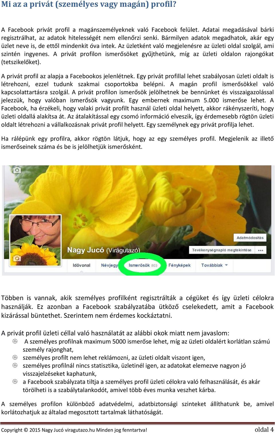 A privát profilon ismerősöket gyűjthetünk, míg az üzleti oldalon rajongókat (tetszikelőket). A privát profil az alapja a Facebookos jelenlétnek.