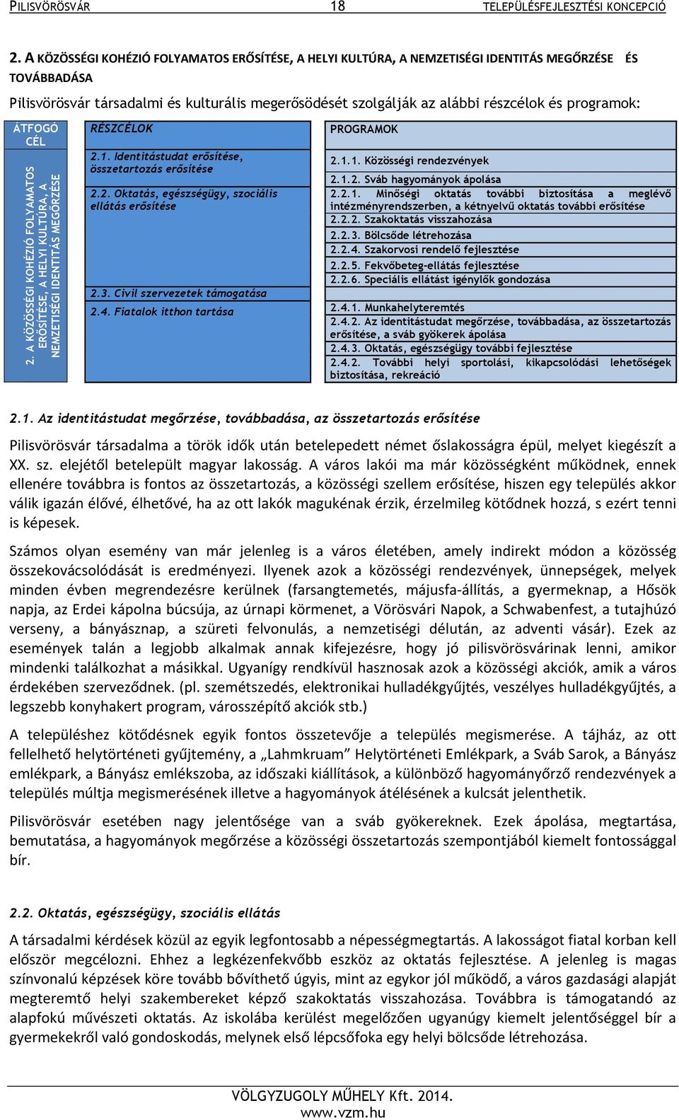 programok: ÁTFOGÓ CÉL 2. A KÖZÖSSÉGI KOHÉZIÓ FOLYAMATOS ERŐSÍTÉSE, A HELYI KULTÚRA, A NEMZETISÉGI IDENTITÁS MEGŐRZÉSE RÉSZCÉLOK 2.1. Identitástudat erősítése, összetartozás erősítése 2.2. Oktatás, egészségügy, szociális ellátás erősítése 2.