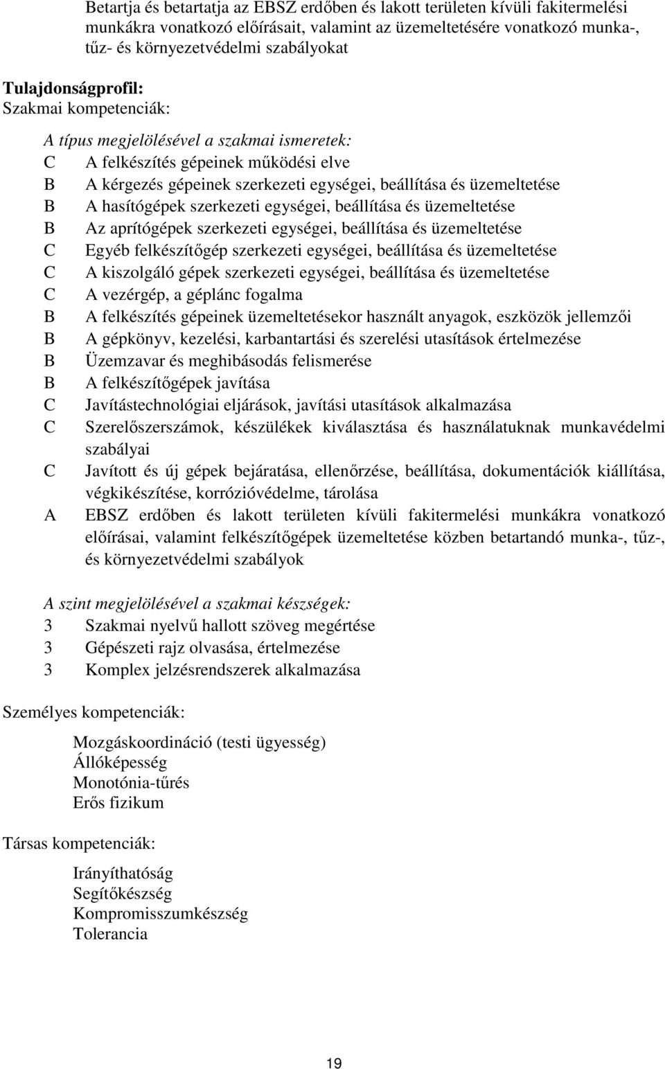 hasítógépek szerkezeti egységei, beállítása és üzemeltetése B Az aprítógépek szerkezeti egységei, beállítása és üzemeltetése C Egyéb felkészítőgép szerkezeti egységei, beállítása és üzemeltetése C A