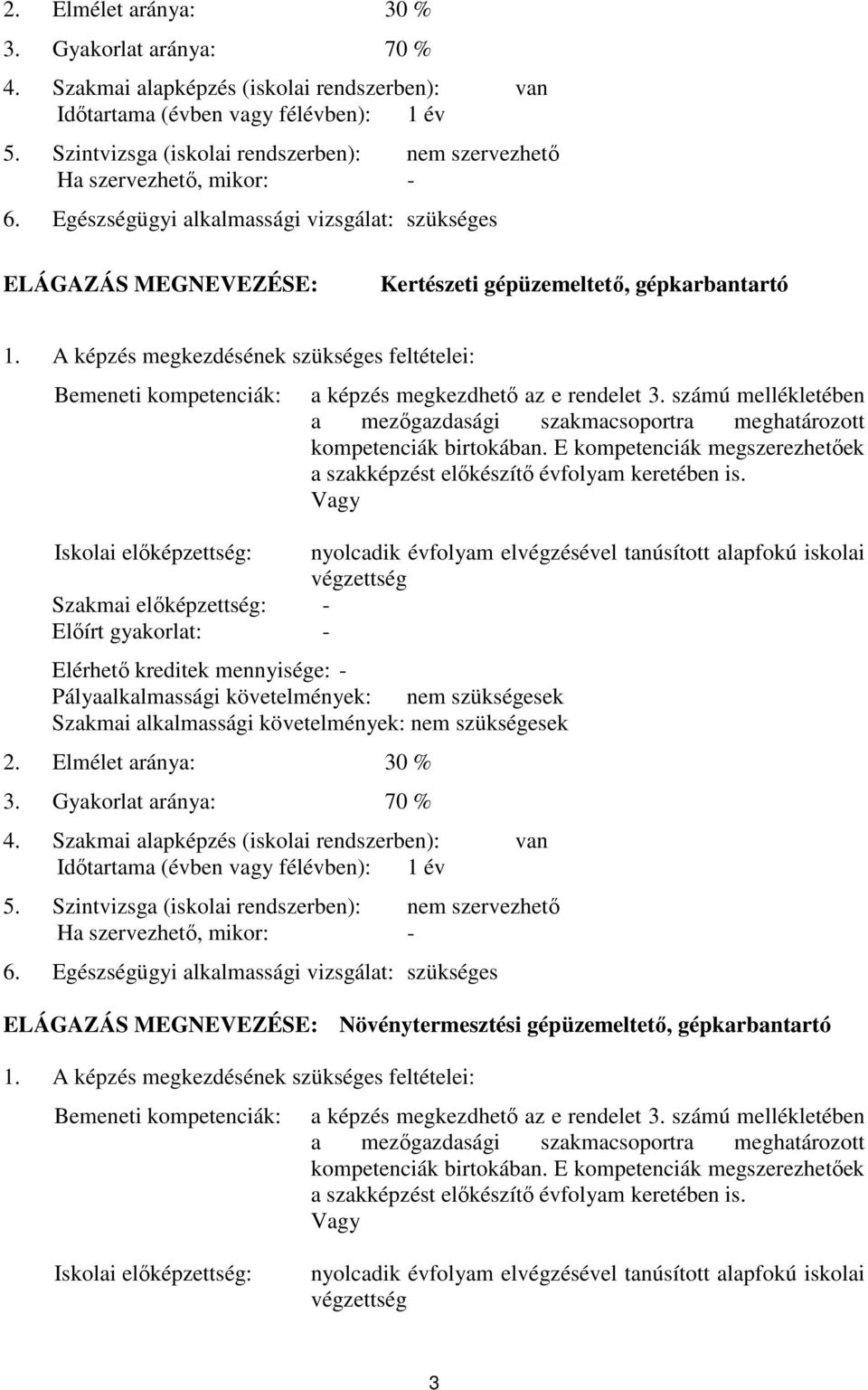 A képzés megkezdésének szükséges feltételei: Bemeneti kompetenciák: a képzés megkezdhető az e rendelet 3. számú mellékletében a mezőgazdasági szakmacsoportra meghatározott kompetenciák birtokában.