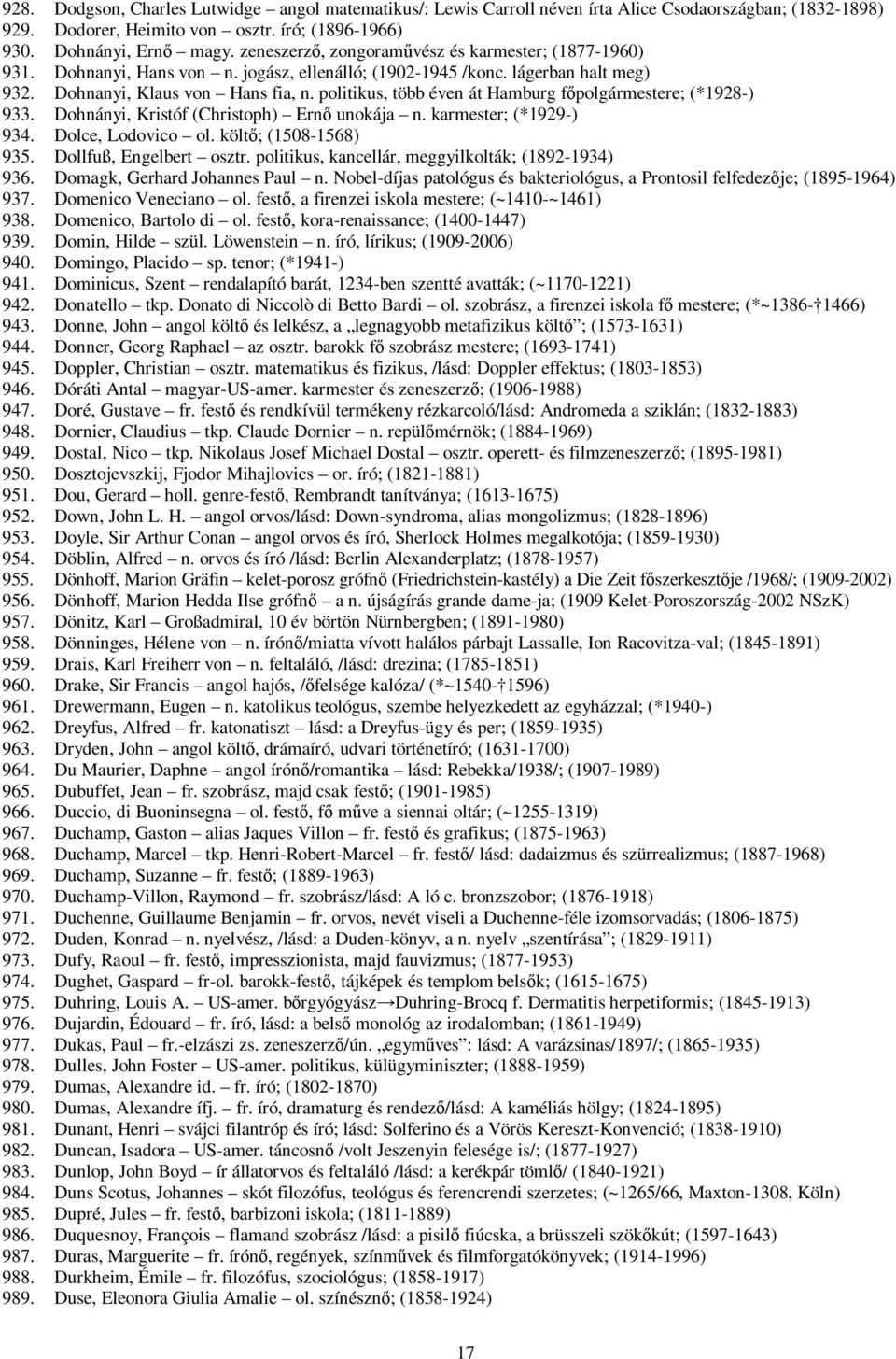 politikus, több éven át Hamburg főpolgármestere; (*1928-) 933. Dohnányi, Kristóf (Christoph) Ernő unokája n. karmester; (*1929-) 934. Dolce, Lodovico ol. költő; (1508-1568) 935.