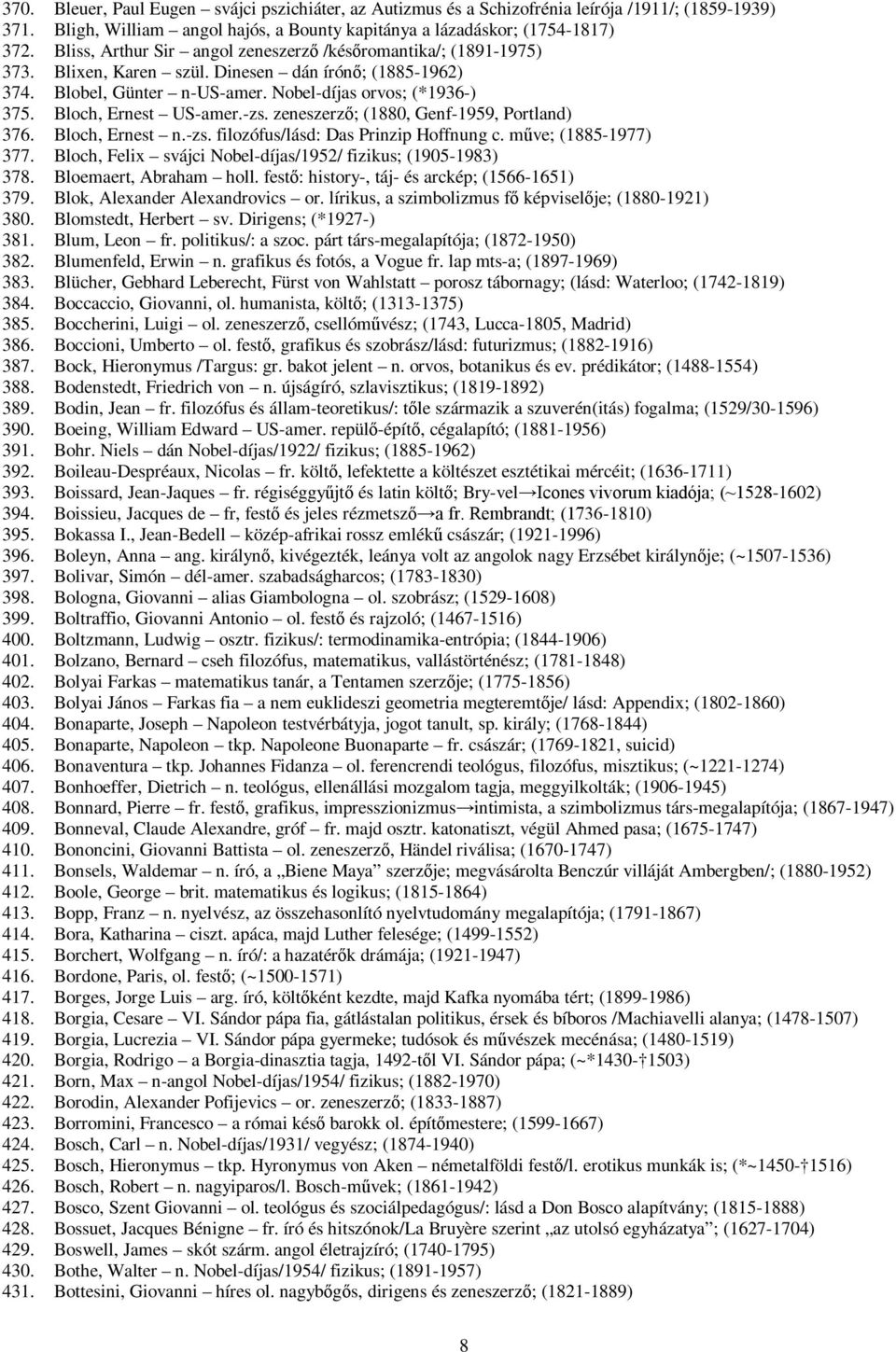 Bloch, Ernest US-amer.-zs. zeneszerző; (1880, Genf-1959, Portland) 376. Bloch, Ernest n.-zs. filozófus/lásd: Das Prinzip Hoffnung c. műve; (1885-1977) 377.