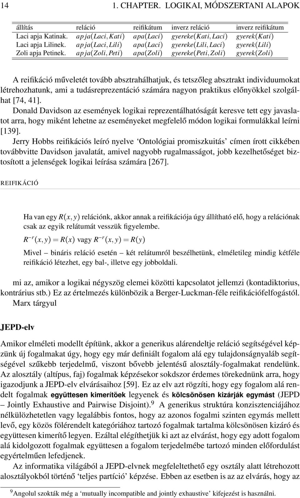 ap ja(zoli, Peti) apa(zoli) gyereke(peti, Zoli) gyerek(zoli) A reifikáció műveletét tovább absztrahálhatjuk, és tetszőleg absztrakt individuumokat létrehozhatunk, ami a tudásreprezentáció számára