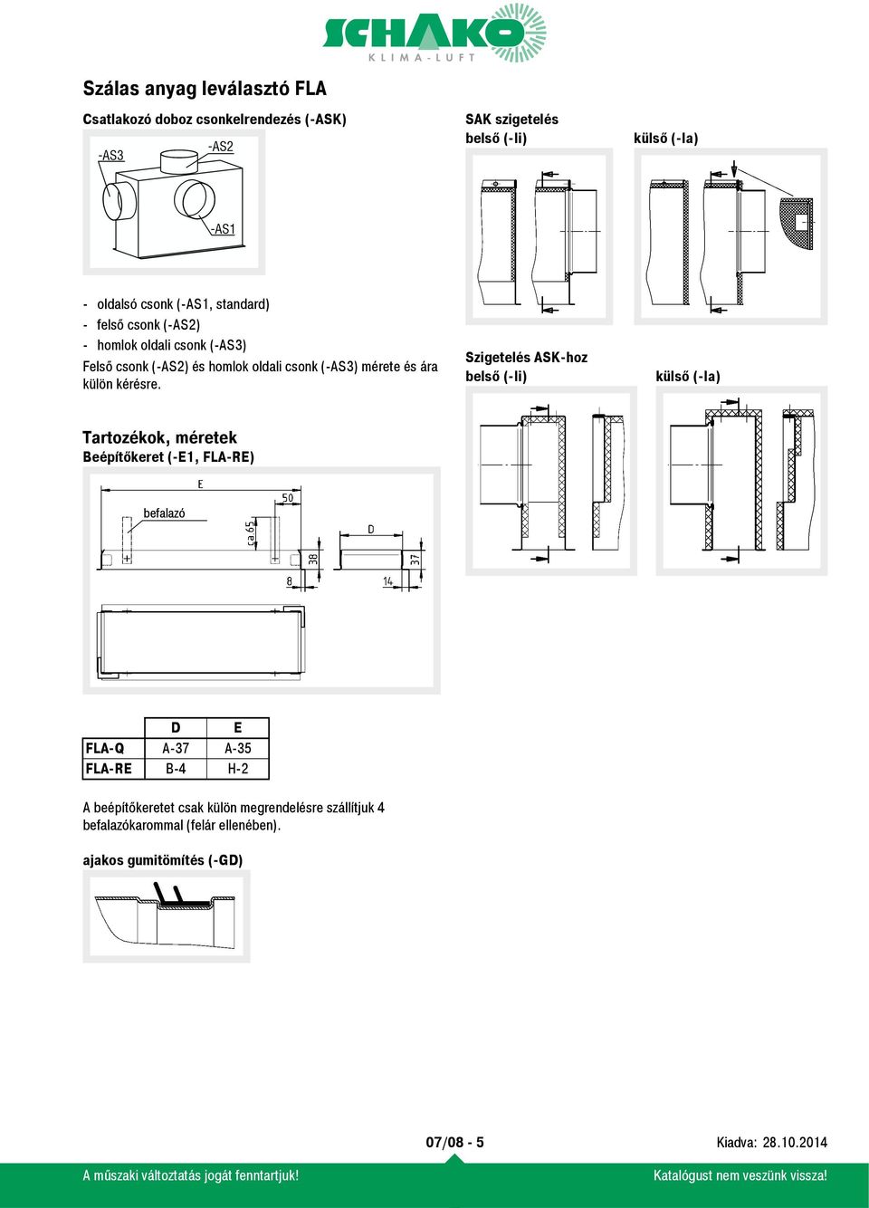 Szigetelés ASK-hoz belső (-Ii) külső (-Ia) Tartozékok, méretek Beépítőkeret (-E1, FLA-RE) befalazó D E FLA-Q A-37 A-35