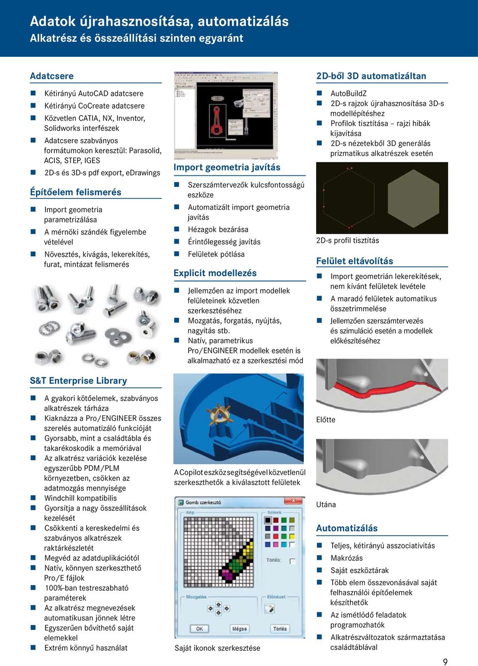 figyelembe vételével Növesztés, kivágás, lekerekítés, furat, mintázat felismerés S&T Enterprise Library A gyakori kötőelemek, szabványos alkatrészek tárháza Kiaknázza a Pro/ENGINEER összes szerelés