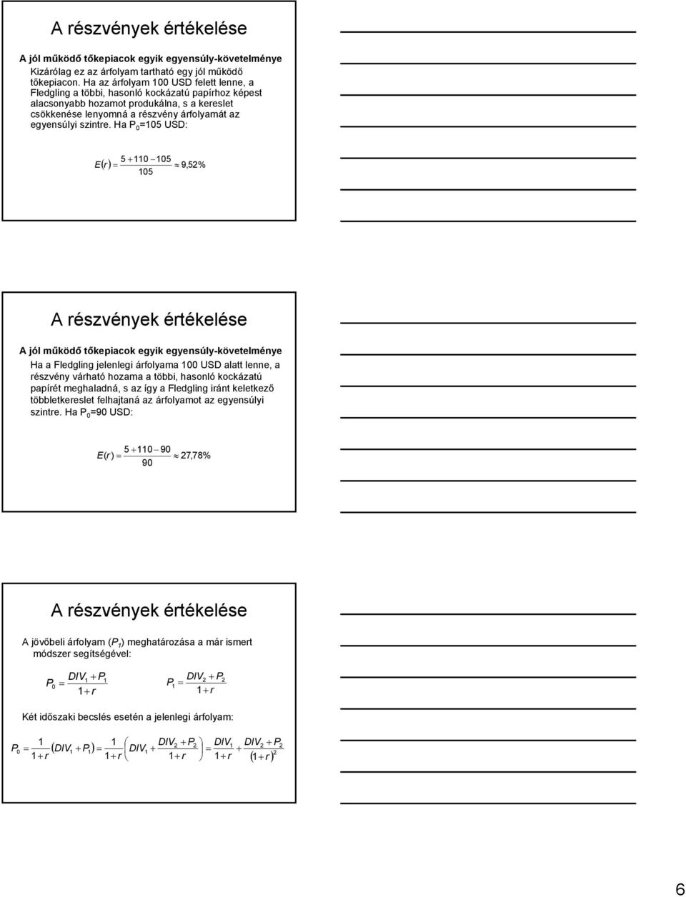 Ha P USD: E + () 9,2% A észvények étékelése A jól működő tőkepiacok egyik egyensúly-követelménye Ha a Fledgling jelenlegi áfolyama USD alatt lenne, a észvény váható hozama a többi, hasonló kockázatú