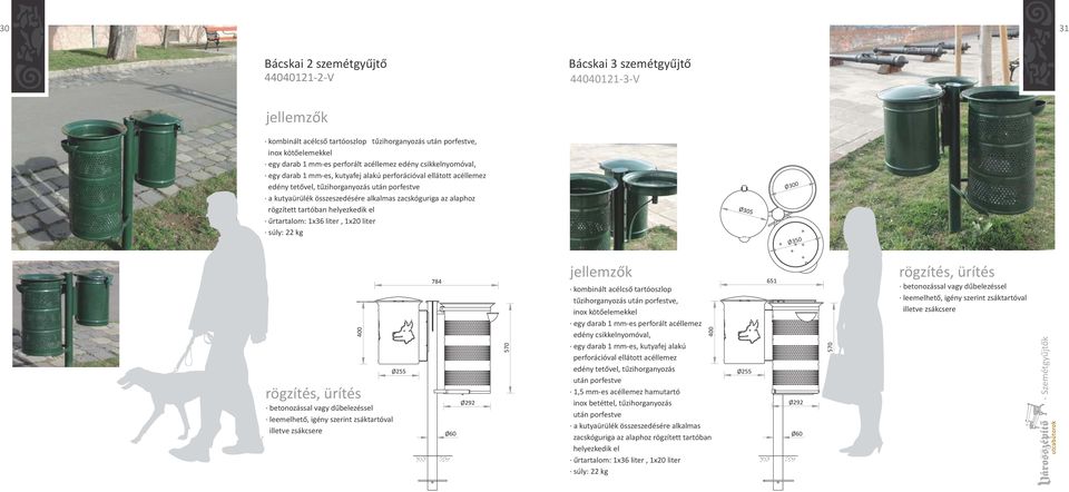 rögzített tartóban helyezkedik el űrtartalom: 1x36 liter, 1x20 liter súly: 22 kg Ø305 Ø300 Ø350 400 leemelhető, igény szerint zsáktartóval illetve zsákcsere Ø255 784 Ø60 Ø292 570 kombinált acélcső