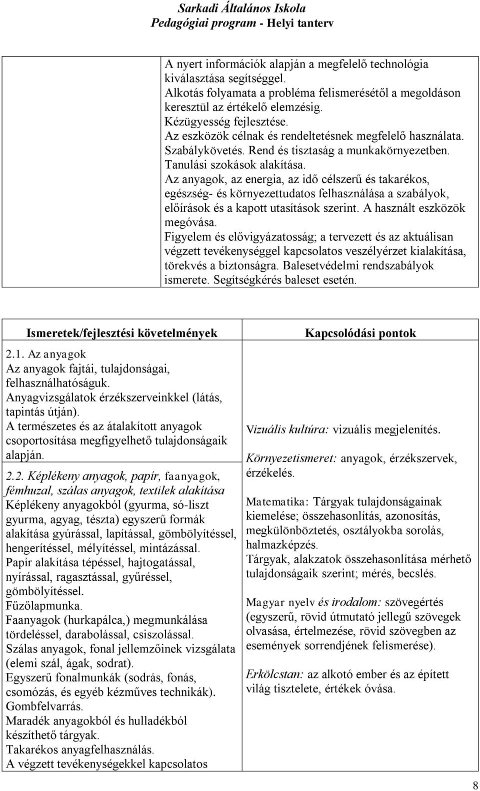 Az anyagok, az energia, az idő célszerű és takarékos, egészség- és környezettudatos felhasználása a szabályok, előírások és a kapott utasítások szerint. A használt eszközök megóvása.