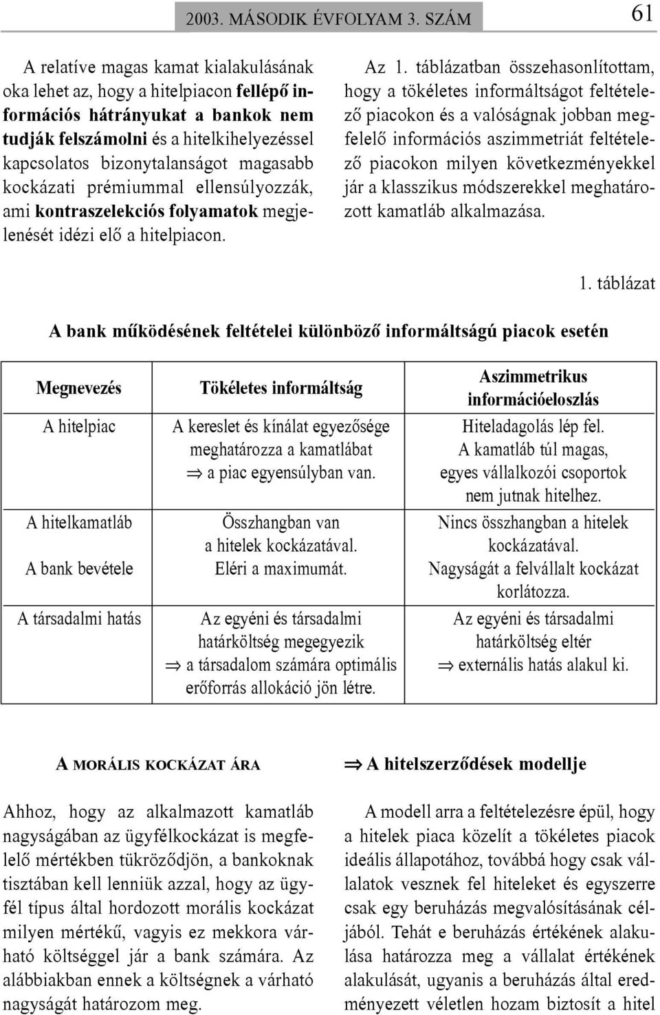 magasabb kockázati prémiummal ellensúlyozzák, ami kontraszelekciós folyamatok megjelenését idézi elõ a hitelpiacon. Az 1.