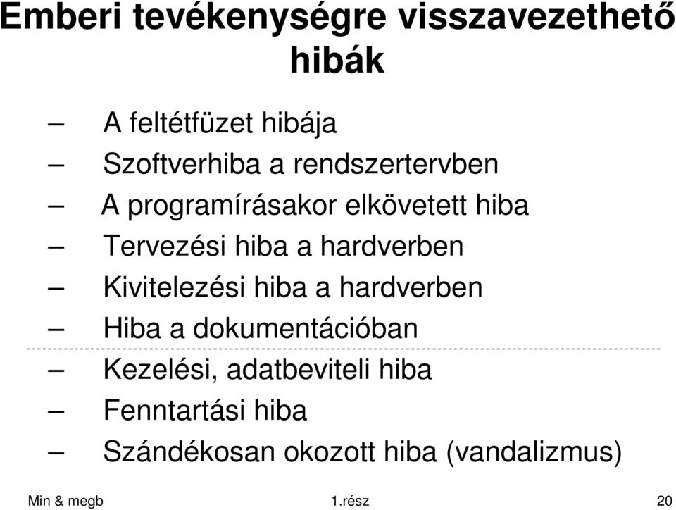 Kivitelezési hiba a hardverben Hiba a dokumentációban Kezelési, adatbeviteli