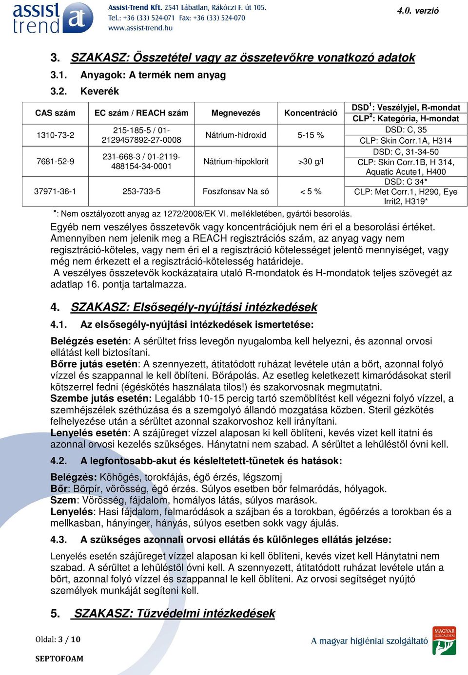 H-mondat Nátrium-hidroxid 5-15 % DSD: C, 35 CLP: Skin Corr.1A, H314 DSD: C, 31-34-50 Nátrium-hipoklorit >30 g/l CLP: Skin Corr.