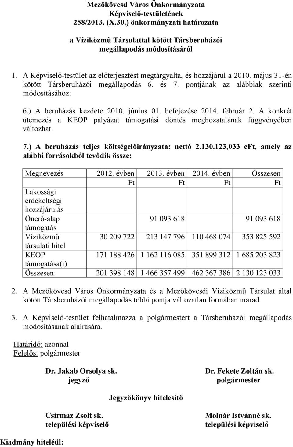 ) A beruházás kezdete 2010. június 01. befejezése 2014. február 2. A konkrét ütemezés a KEOP pályázat támogatási döntés meghozatalának függvényében változhat. 7.