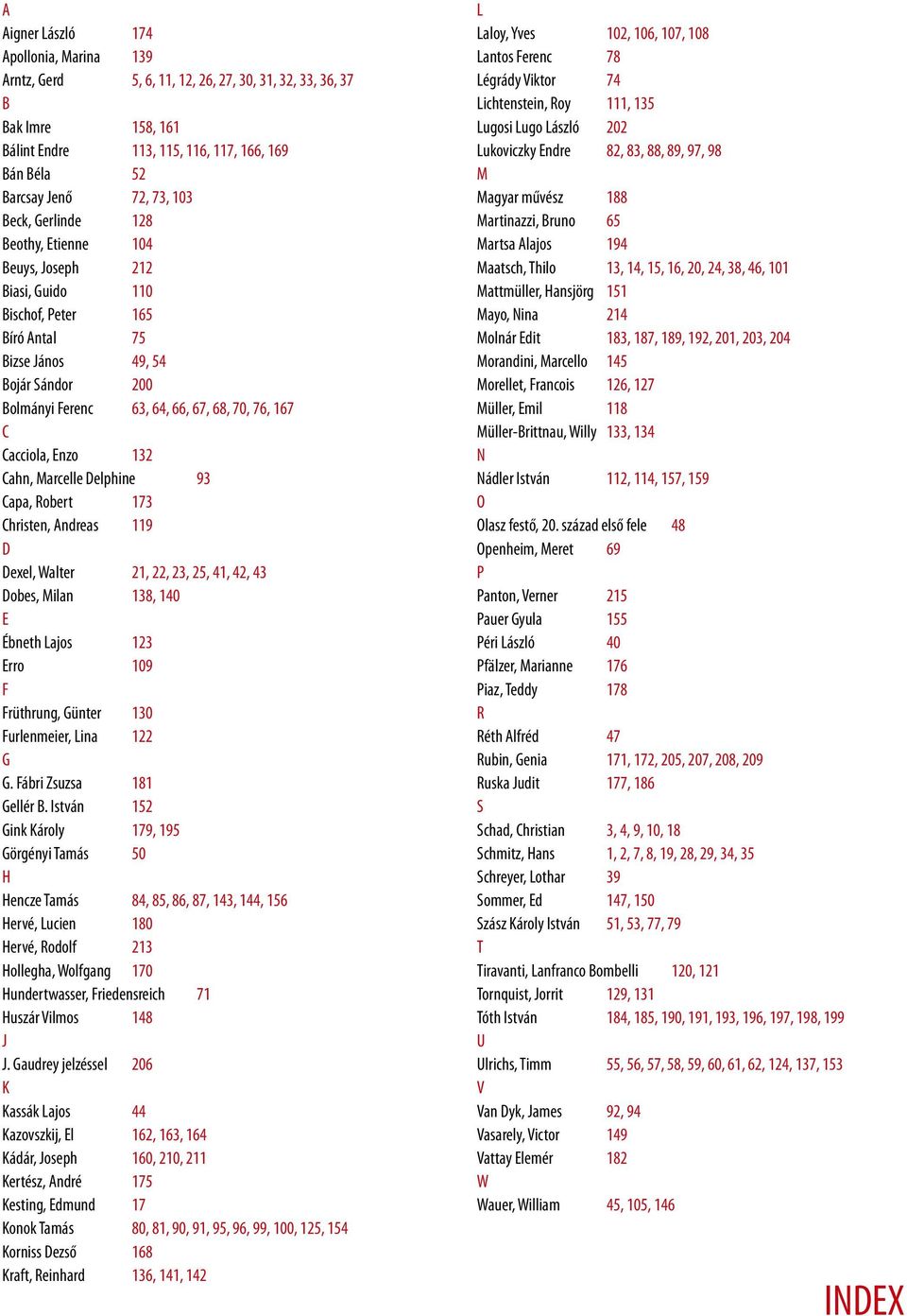 Cacciola, Enzo 132 Cahn, Marcelle Delphine 93 Capa, Robert 173 Christen, Andreas 119 D Dexel, Walter 21, 22, 23, 25, 41, 42, 43 Dobes, Milan 138, 140 E Ébneth Lajos 123 Erro 109 F Früthrung, Günter