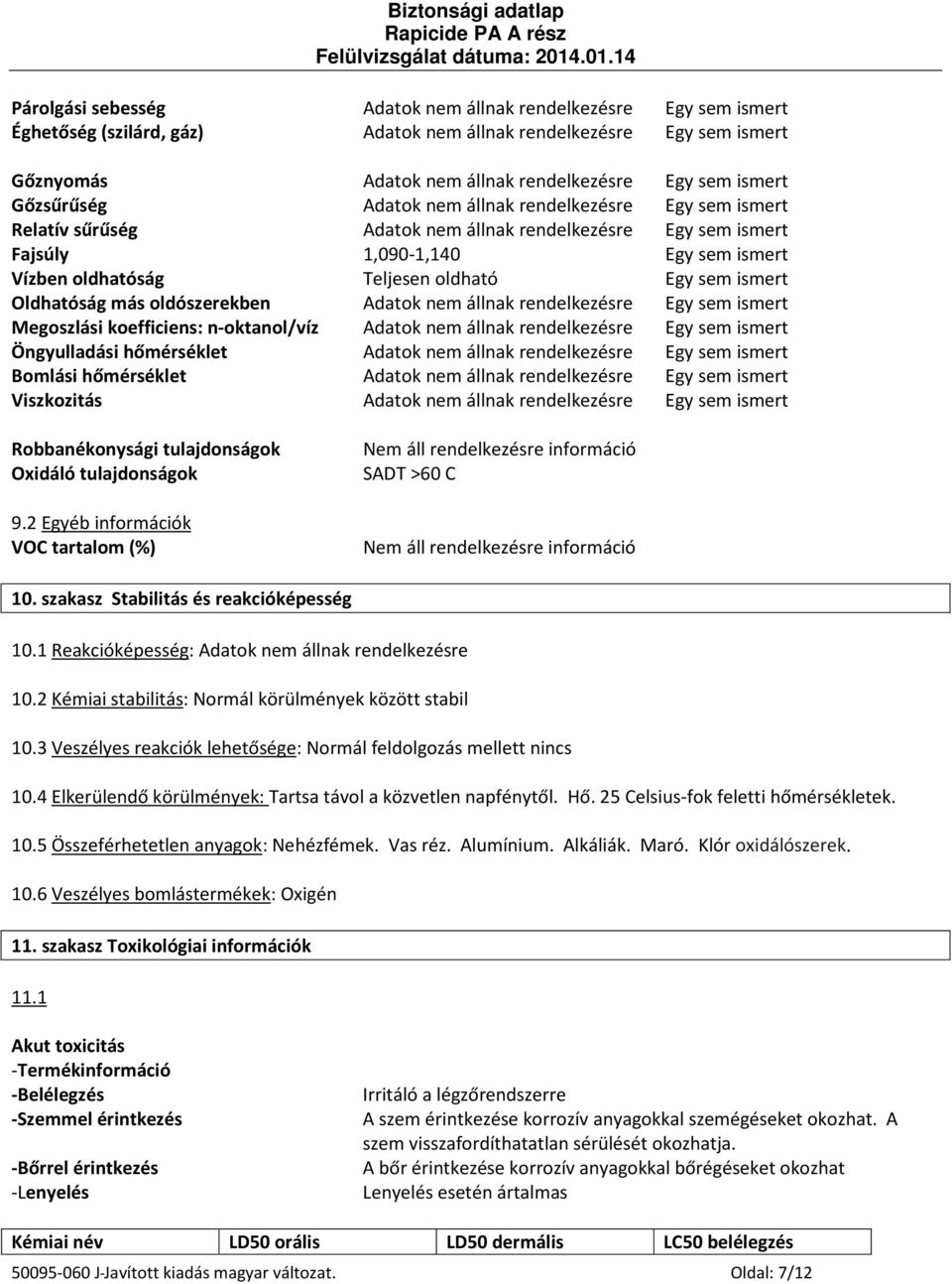 ismert Oldhatóság más oldószerekben Adatok nem állnak rendelkezésre Egy sem ismert Megoszlási koefficiens: n-oktanol/víz Adatok nem állnak rendelkezésre Egy sem ismert Öngyulladási hőmérséklet Adatok