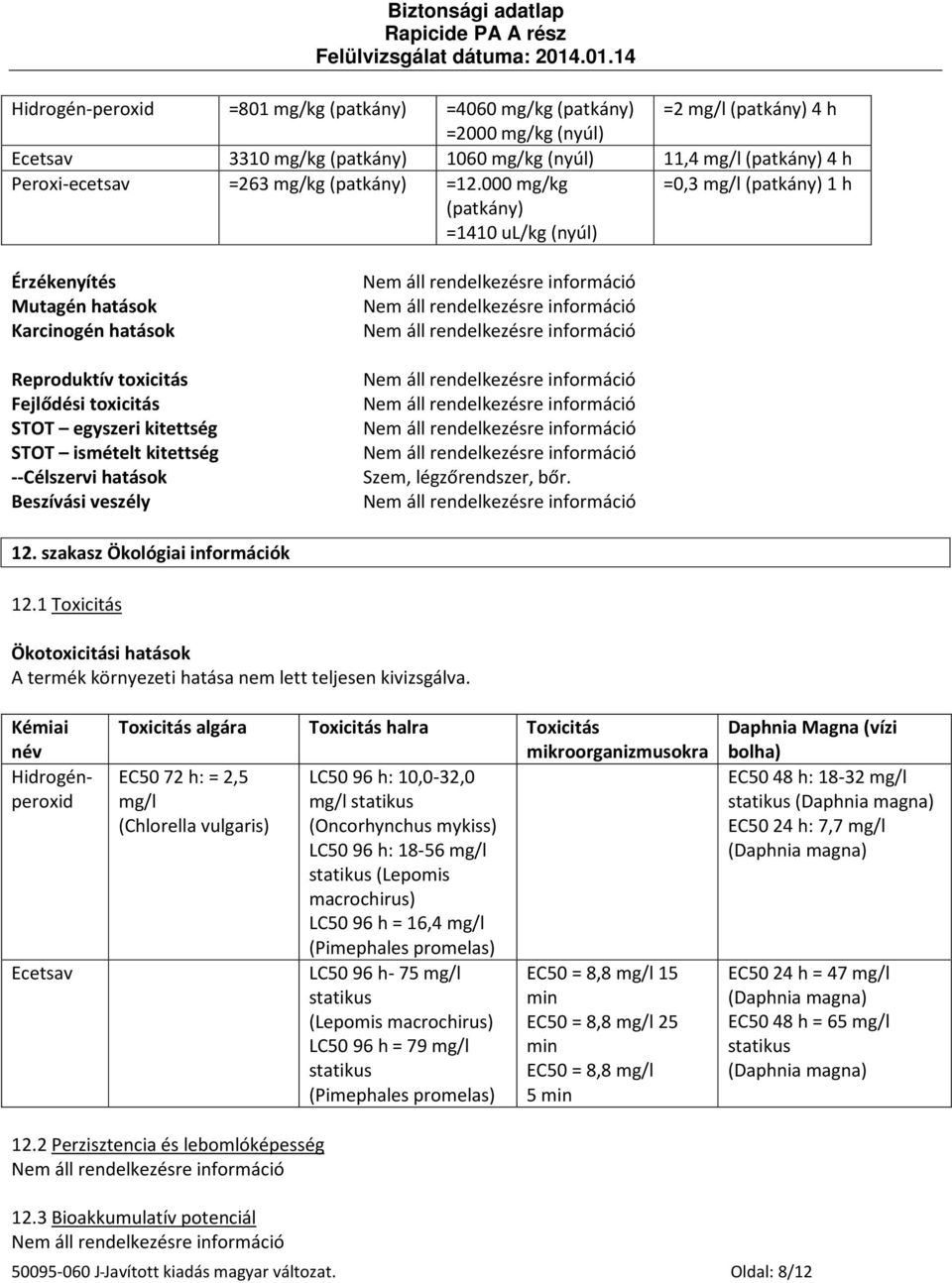 000 mg/kg (patkány) =1410 ul/kg (nyúl) =0,3 mg/l (patkány) 1 h Érzékenyítés Mutagén hatások Karcinogén hatások Reproduktív toxicitás Fejlődési toxicitás STOT egyszeri kitettség STOT ismételt