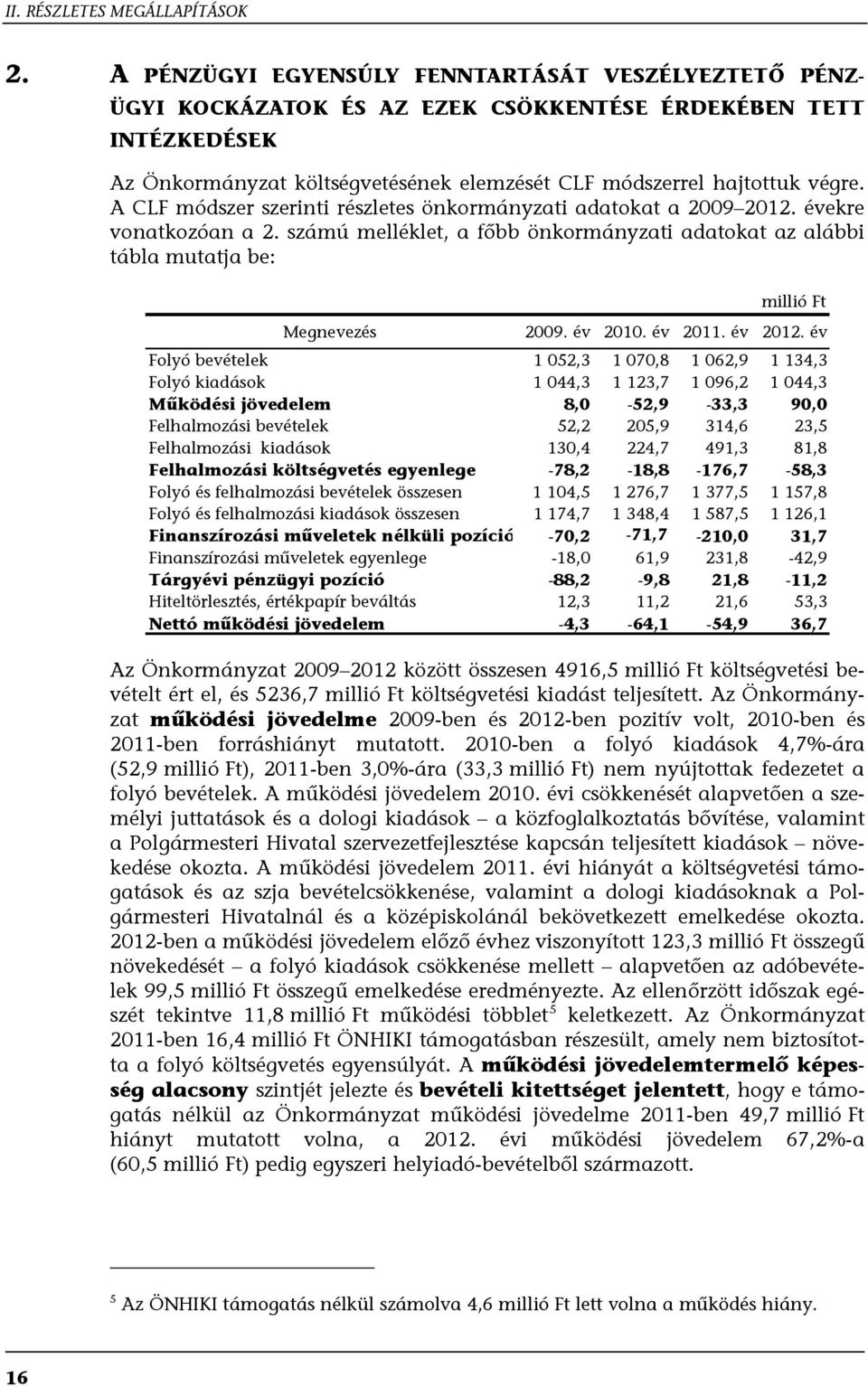 A CLF módszer szerinti részletes önkormányzati adatokat a 2009 2012. évekre vonatkozóan a 2. számú melléklet, a főbb önkormányzati adatokat az alábbi tábla mutatja be: millió Ft Megnevezés 2009.