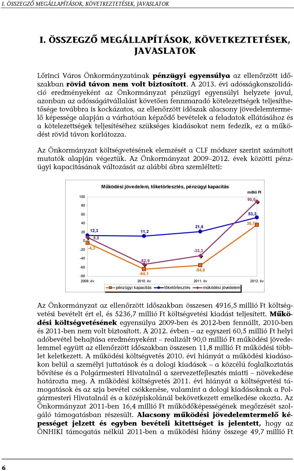 évi adósságkonszolidáció eredményeként az Önkormányzat pénzügyi egyensúlyi helyzete javul, azonban az adósságátvállalást követően fennmaradó kötelezettségek teljesíthetősége továbbra is kockázatos,