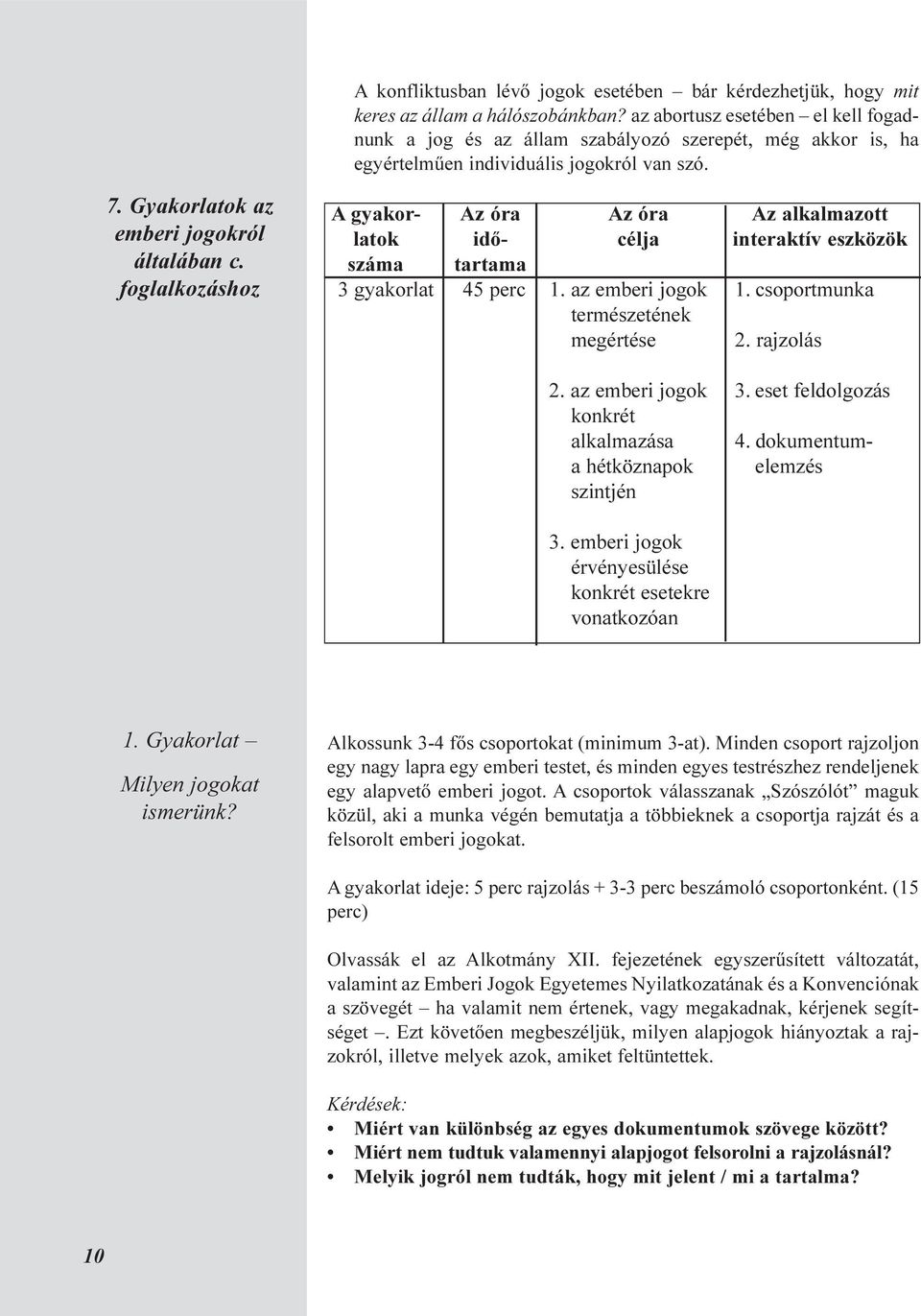 foglalkozáshoz A gyakor- Az óra Az óra Az alkalmazott latok idõ- célja interaktív eszközök száma tartama 3 gyakorlat 45 perc 1. az emberi jogok 1. csoportmunka természetének megértése 2. rajzolás 2.