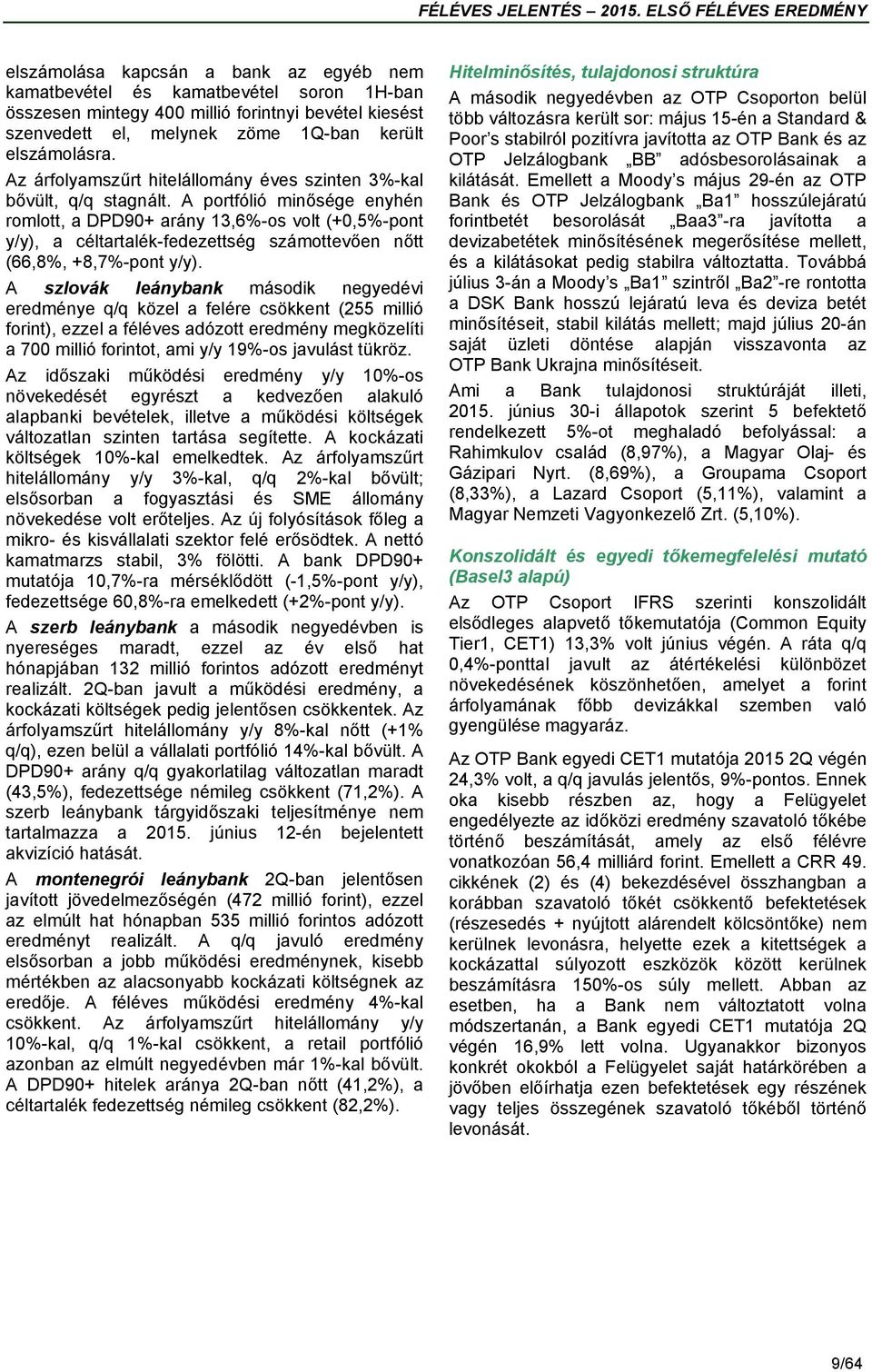 A portfólió minősége enyhén romlott, a DPD90+ arány 13,6%-os volt (+0,5%-pont y/y), a céltartalék-fedezettség számottevően nőtt (66,8%, +8,7%-pont y/y).