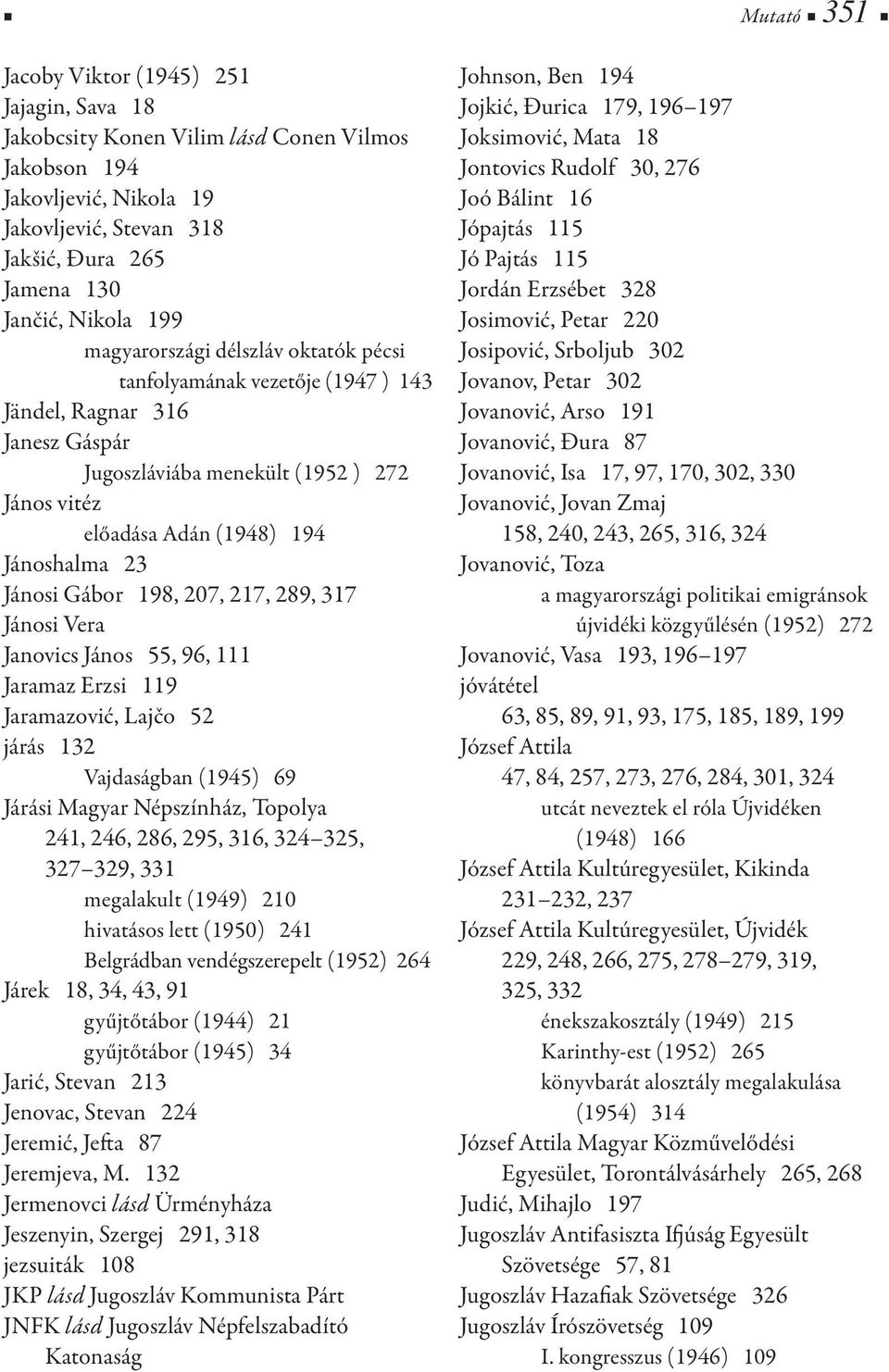 Gábor 198, 207, 217, 289, 317 Jánosi Vera Janovics János 55, 96, 111 Jaramaz Erzsi 119 Jaramazović, Lajčo 52 járás 132 Vajdaságban (1945) 69 Járási Magyar Népszínház, Topolya 241, 246, 286, 295, 316,