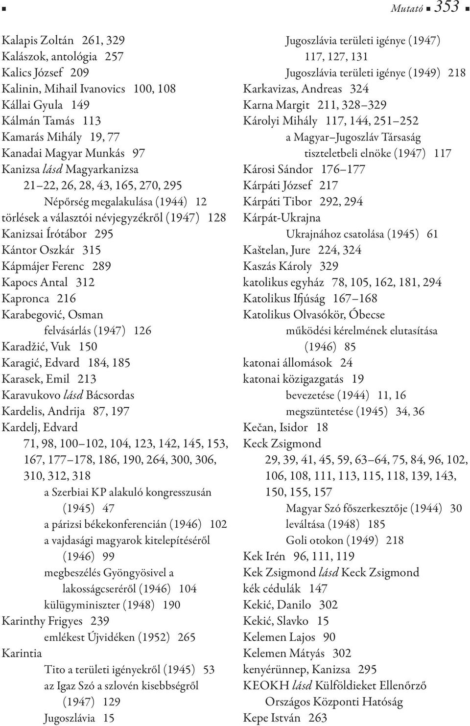 312 Kapronca 216 Karabegović, Osman felvásárlás (1947) 126 Karadžić, Vuk 150 Karagić, Edvard 184, 185 Karasek, Emil 213 Karavukovo lásd Bácsordas Kardelis, Andrija 87, 197 Kardelj, Edvard 71, 98, 100