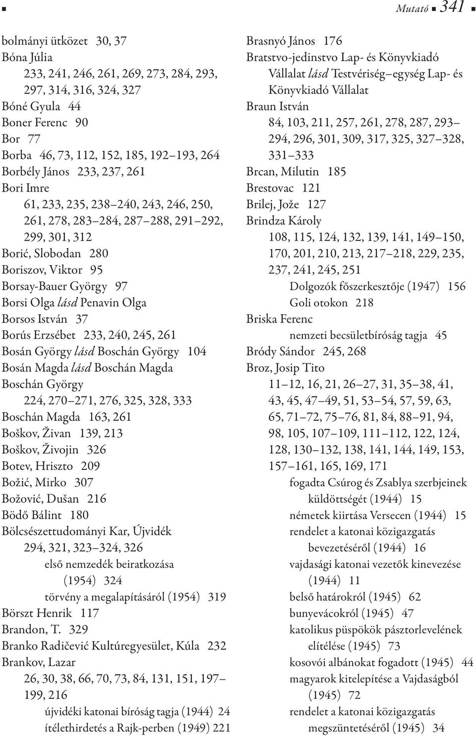 Borsos István 37 Borús Erzsébet 233, 240, 245, 261 Bosán György lásd Boschán György 104 Bosán Magda lásd Boschán Magda Boschán György 224, 270 271, 276, 325, 328, 333 Boschán Magda 163, 261 Boškov,