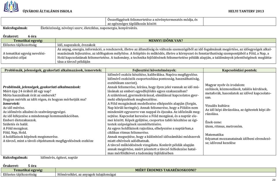 Idő, napszakok, évszakok Az anyag, energia, információ, a rendszerek, illetve az állandóság és változás szemszögéből az idő fogalmának megértése, az időegységek alkalmazásának fejlesztése, az