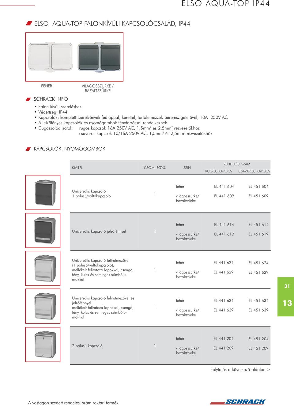 csavaros kapcsok 0/6A 250V AC,,5mm 2 és 2,5mm 2 rézvezetõkhöz KAPCSOLÓK, NYOMÓGOMBOK Univerzális kapcsoló pólusú/váltókapcsoló EL 44 604 EL 44 609 EL 45 604 EL 45 609 EL 44 64 EL 45 64 Univerzális