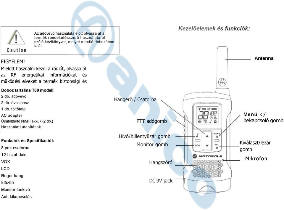 Doboz tartalma T60 modell: 2 db. adóvevő 2 db. övcsipesz 1 db. töltőtalp AC adapter Újratölthető NiMH akkuk (2 db.