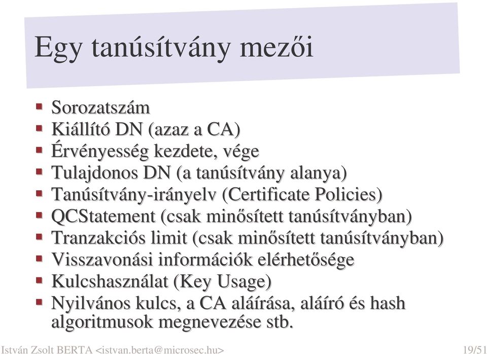 limit (csak minsített tanúsítványban) Visszavonási információk elérhetsége Kulcshasználat (Key( Usage) Nyilvános