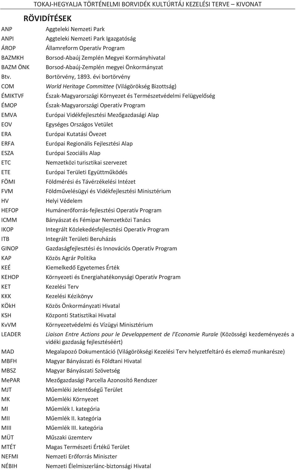 évibortörvény COM WorldHeritageCommittee(VilágörökségBizottság) ÉMIKTVF ÉszakMagyarországiKörnyezetésTermészetvédelmiFelügyelség ÉMOP ÉszakMagyarországiOperatívProgram EMVA