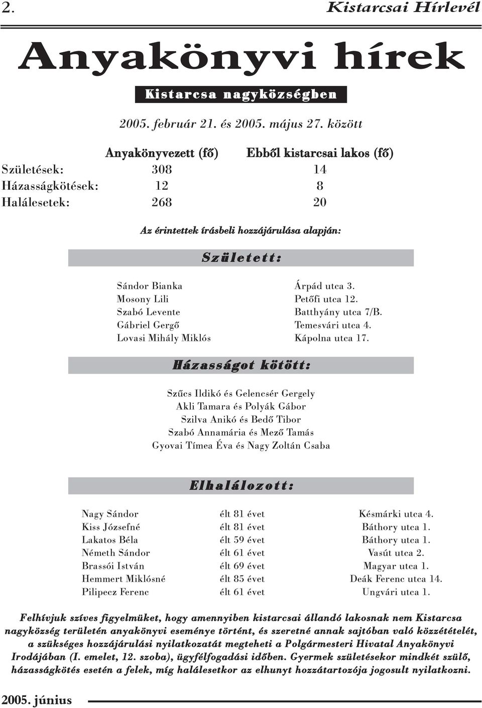 Árpád utca 3. Mosony Lili Petõfi utca 12. Szabó Levente Batthyány utca 7/B. Gábriel Gergõ Temesvári utca 4. Lovasi Mihály Miklós Kápolna utca 17.