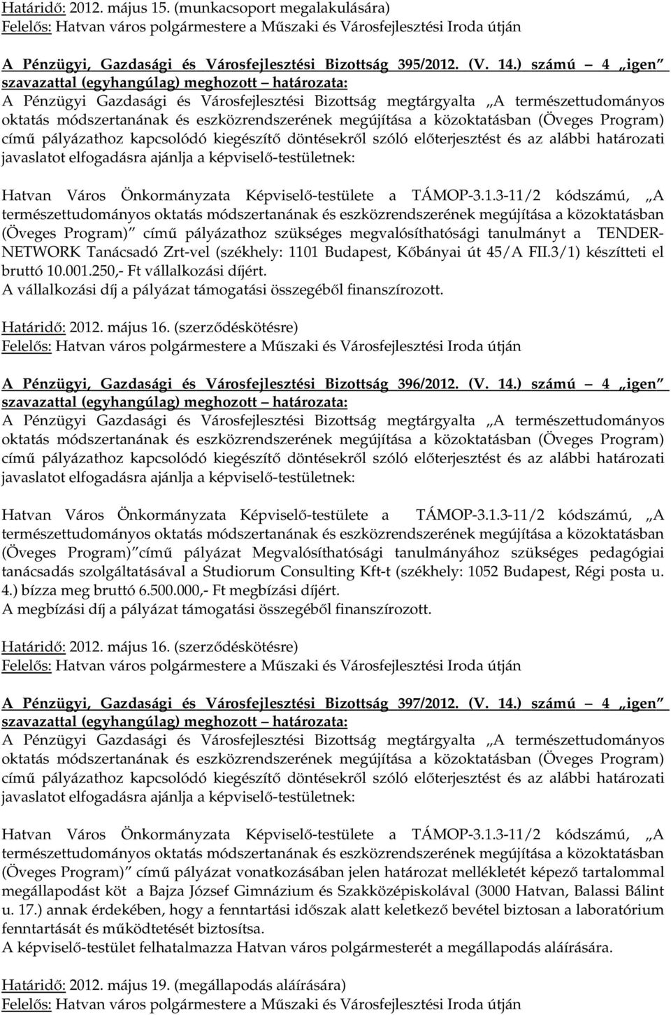 pályázathoz kapcsolódó kiegészítő döntésekről szóló előterjesztést és az alábbi határozati Hatvan Város Önkormányzata Képviselő-testülete a TÁMOP-3.1.