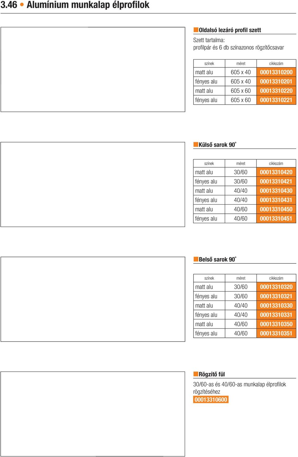 00013310430 fényes alu 40/40 00013310431 matt alu 40/60 00013310450 fényes alu 40/60 00013310451 Belső sarok 90 méret matt alu 30/60 00013310320 fényes alu 30/60 00013310321