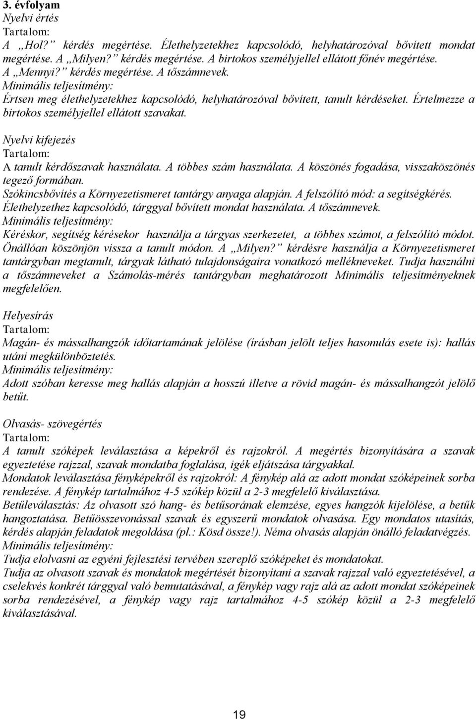 Nyelvi kifejezés A tanult kérdőszavak használata. A többes szám használata. A köszönés fogadása, visszaköszönés tegező formában. Szókincsbővítés a Környezetismeret tantárgy anyaga alapján.