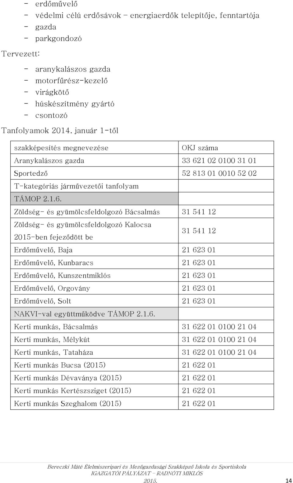 1 02 0100 31 01 Sportedző 52 813 01 0010 52 02 T-kategóriás járművezetői tanfolyam TÁMOP 2.1.6.