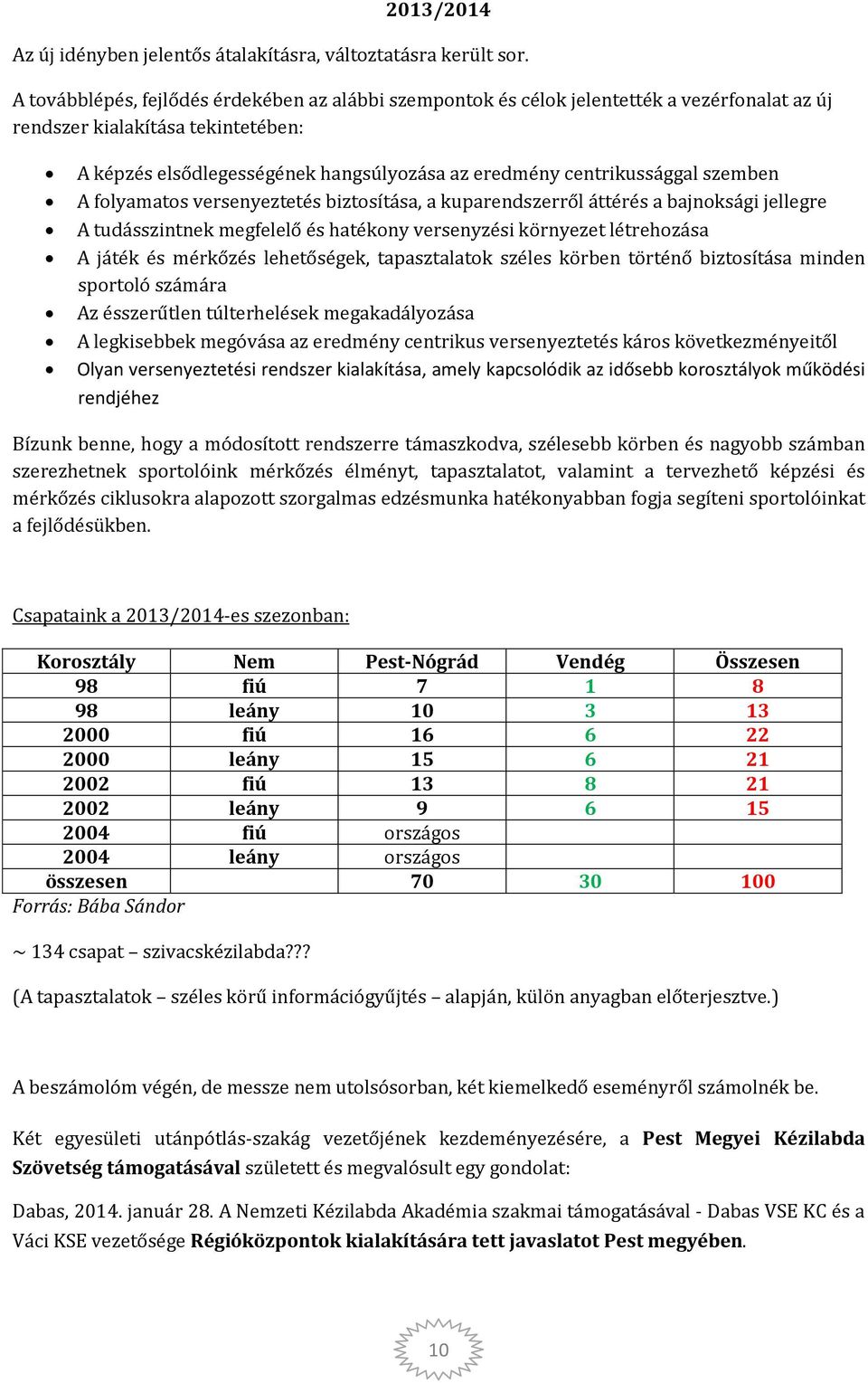 centrikussággal szemben A folyamatos versenyeztetés biztosítása, a kuparendszerről áttérés a bajnoksági jellegre A tudásszintnek megfelelő és hatékony versenyzési környezet létrehozása A játék és