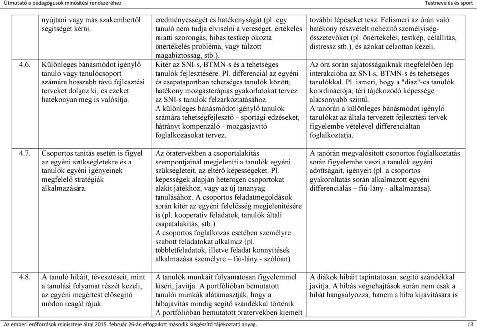 Csoportos tanítás esetén is figyel az egyéni szükségletekre és a tanulók egyéni igényeinek megfelelő stratégiák alkalmazására. eredményességét és hatékonyságát (pl.