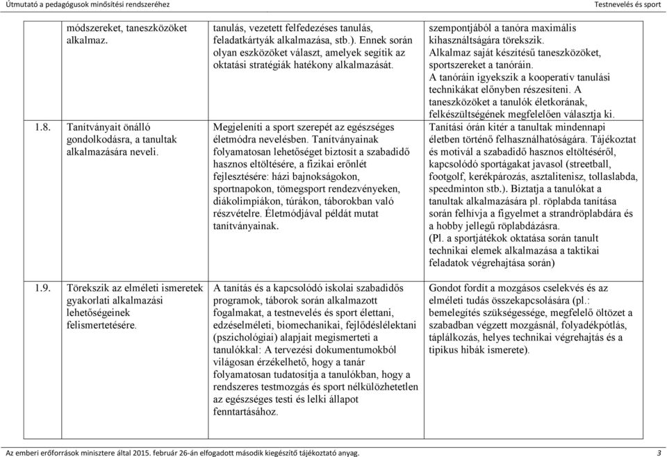 Ennek során olyan eszközöket választ, amelyek segítik az oktatási stratégiák hatékony alkalmazását. Megjeleníti a sport szerepét az egészséges életmódra nevelésben.