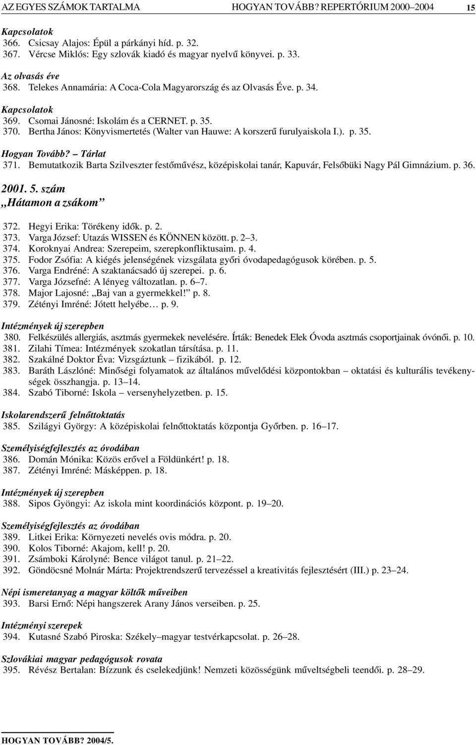 Bertha János: Könyvismertetés (Walter van Hauwe: A korszerû furulyaiskola I.). p. 35. 371. Bemutatkozik Barta Szilveszter festõmûvész, középiskolai tanár, Kapuvár, Felsõbüki Nagy Pál Gimnázium. p. 36.