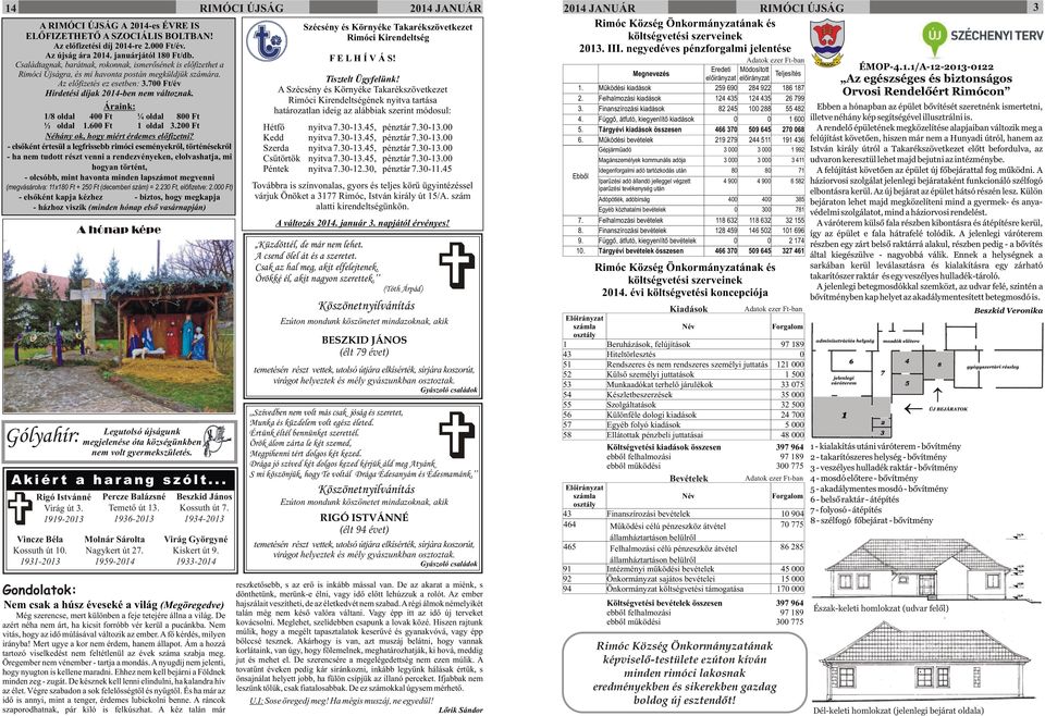 Családtagnak, barátnak, rokonnak, ismerõsének is elõfizethet a Rimóci Újságra, és mi havonta postán megküldjük számára. Az elõfizetés ez esetben: 3.7 Ft/év Hirdetési díjak 2014-ben nem változnak.