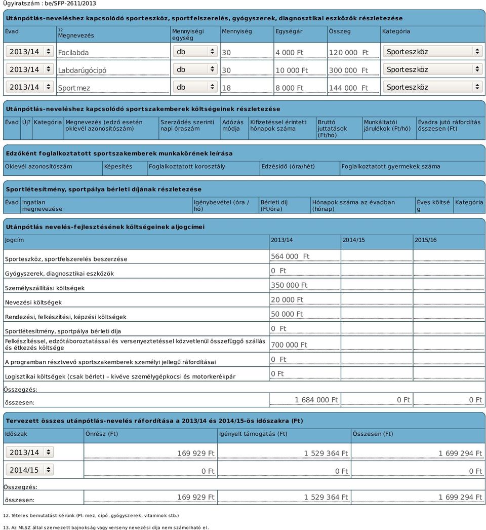 sportszakemberek költségeinek részletezése Évad Új?